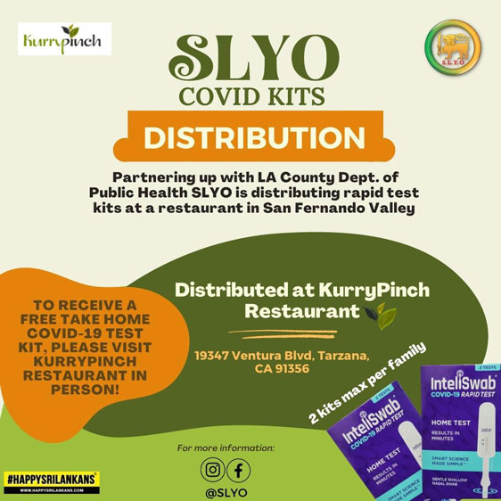 SLYO is hosting a COVID test kit distribution with Kurrypinch a sri lankan restaurant in woodland hills